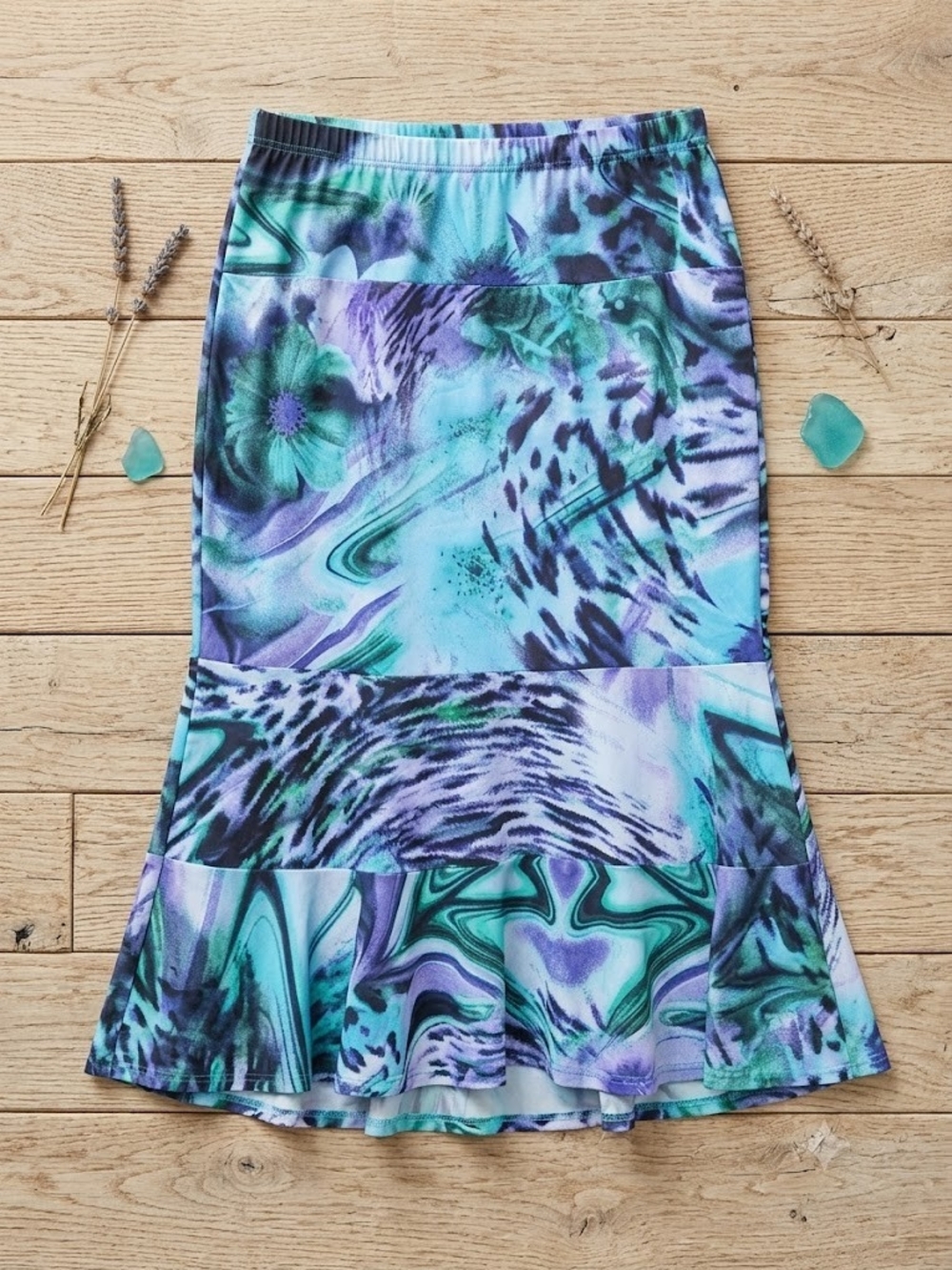 Mermaidcore Vintage Y2K Abstract Whimsygoth Midi Skirt Teal Swirl Retro